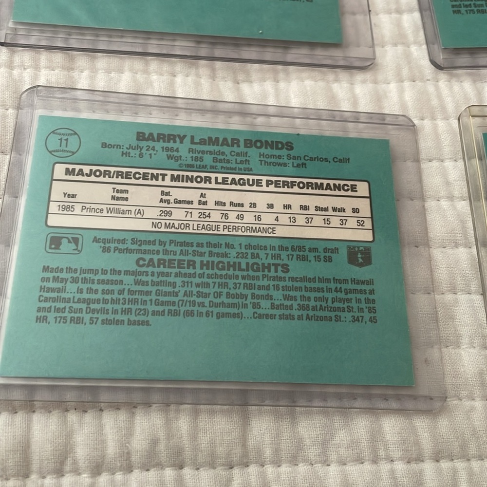 1986 Barry Bonds Donruss Rookie Cards Mint Condition,  Lot of 4 - Picture 7 of 10